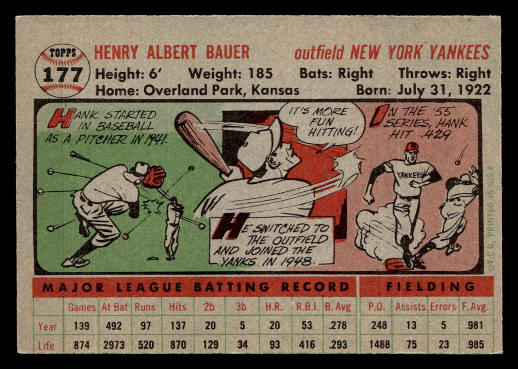 1956 Topps #177A Hank Bauer Grey Backs Excellent+  ID: 425953