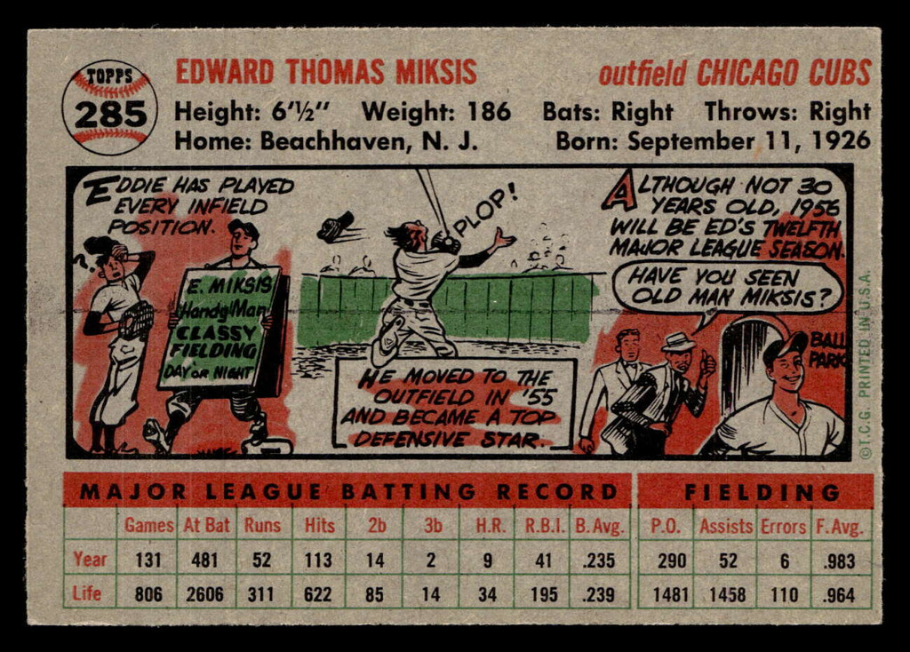1956 Topps #285 Eddie Miksis Ex-Mint  ID: 426053
