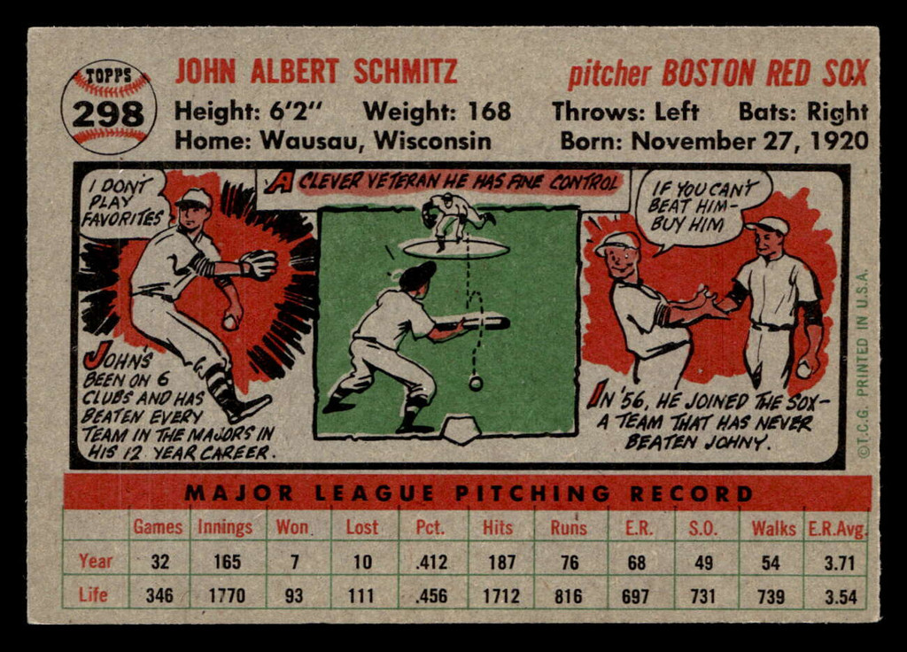 1956 Topps #298 Johnny Schmitz Near Mint 