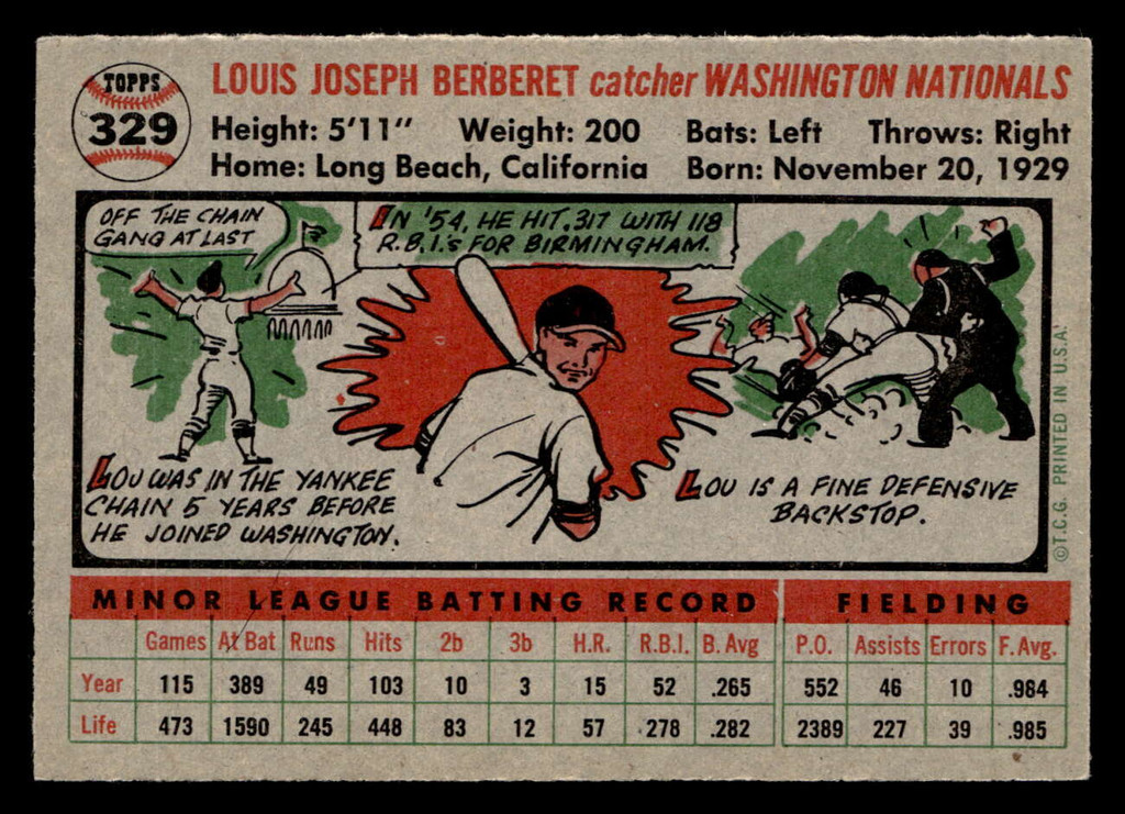 1956 Topps #329 Lou Berberet Near Mint RC Rookie  ID: 426128