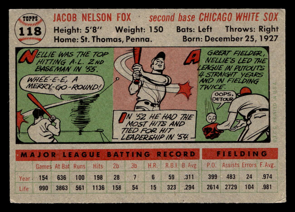 1956 Topps #118A Nellie Fox Grey Backs Excellent+ 