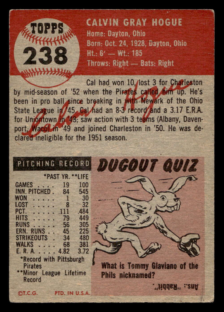 1953 Topps #238 Cal Hogue DP Excellent+ RC Rookie  ID: 426374