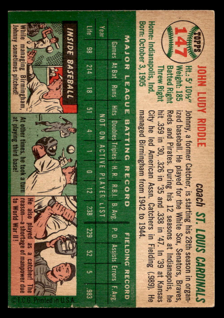 1954 Topps #147 Johnny Riddle CO Excellent+ 