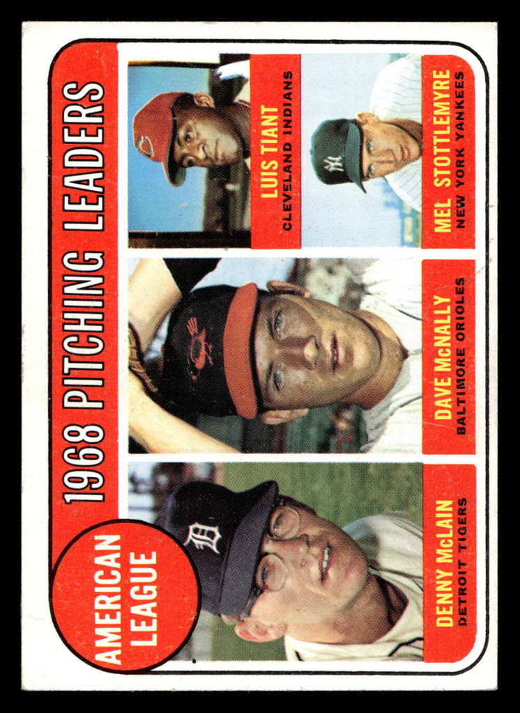 1969 Topps #9 Denny McLain/Dave McNally/Luis Tiant/Mel Stottlemyre A.L. Pitching Leaders Excellent+  ID: 426459