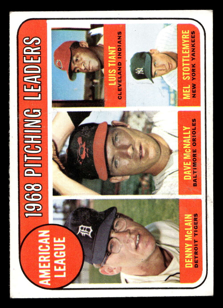 1969 Topps #9 Denny McLain/Dave McNally/Luis Tiant/Mel Stottlemyre A.L. Pitching Leaders Ex-Mint  ID: 426461
