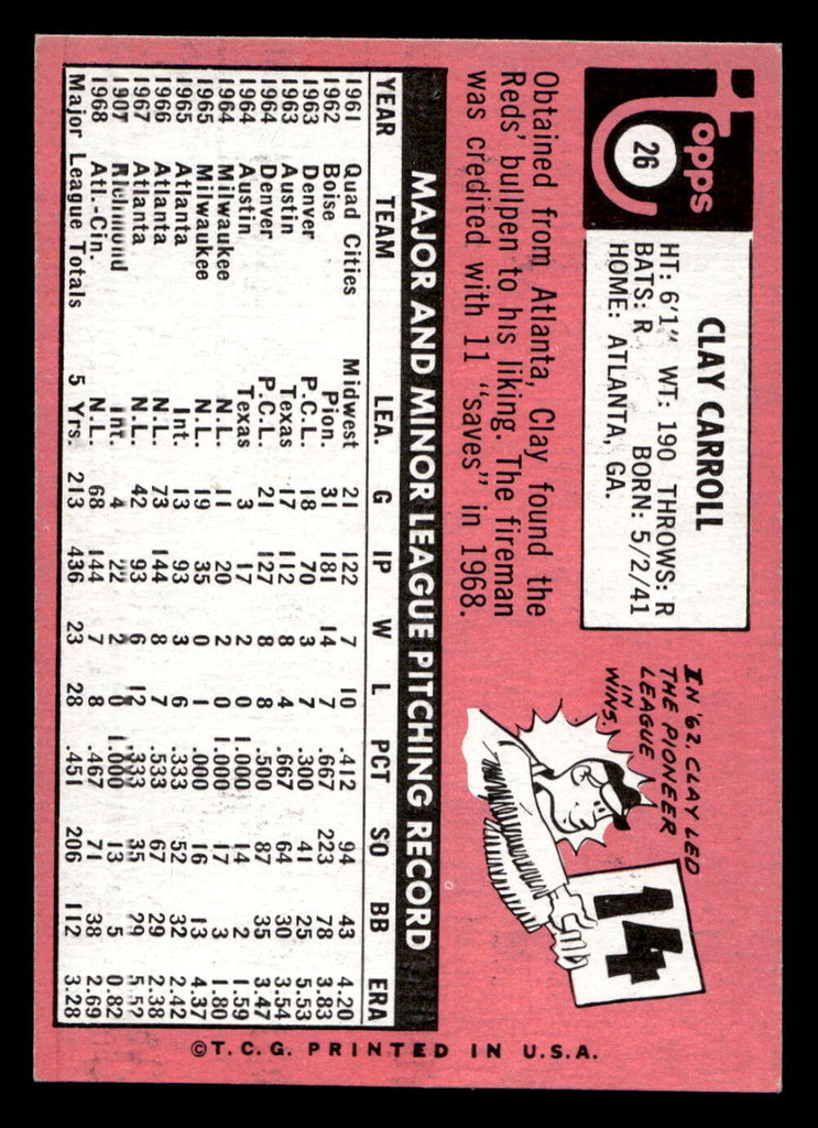1969 Topps #26 Clay Carroll Ex-Mint  ID: 426508