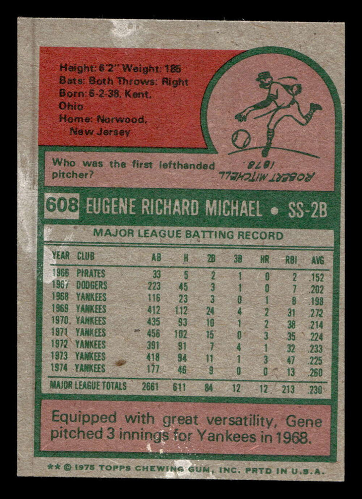 1975 Topps Mini #608 Gene Michael Ex-Mint 