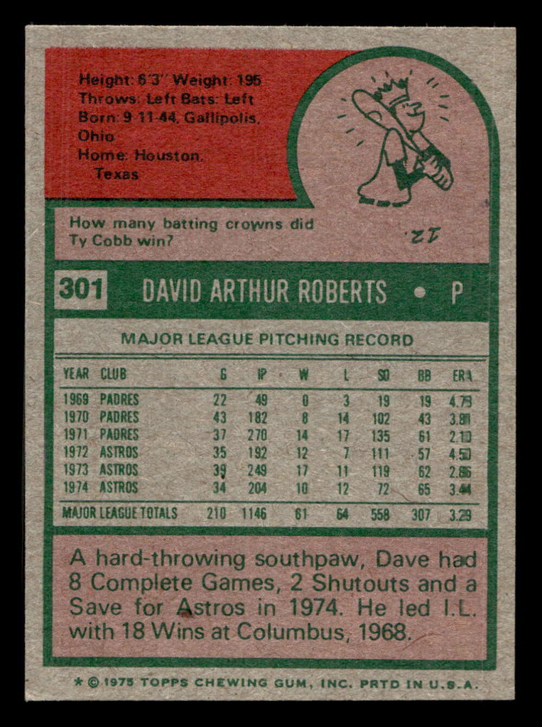 1975 Topps Mini #301 Dave Roberts Near Mint+  ID: 426723