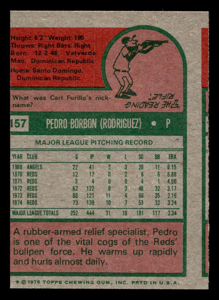 1975 Topps Mini #157 Pedro Borbon Near Mint miscut 