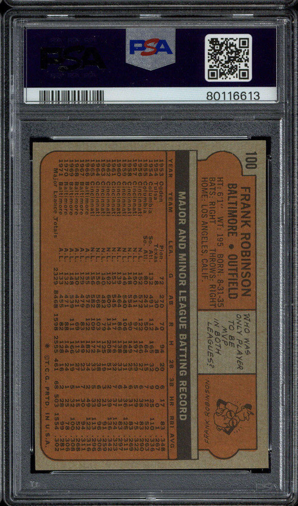 1972 Topps #100 Frank Robinson PSA 9 Mint Orioles