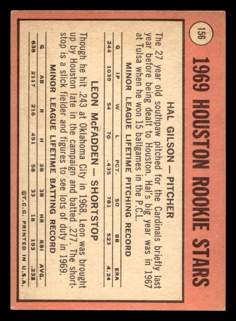 1969 Topps #156 Hal Gilson/Leon McFadden Astros Rookies Excellent+ RC Rookie  ID: 427231