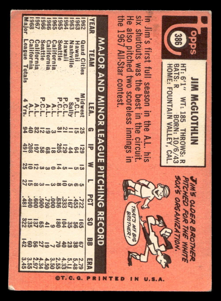 1969 Topps #386 Jim McGlothlin VG-EX  ID: 427839