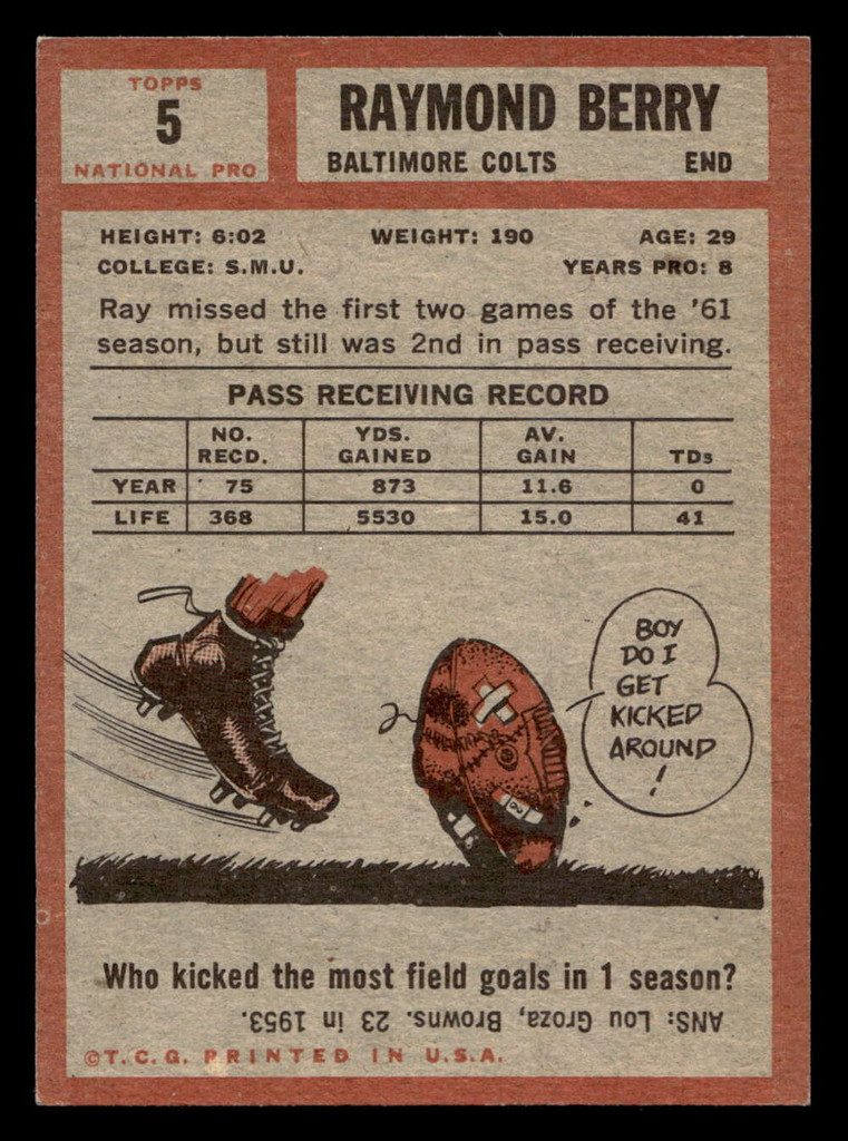 1962 Topps #5 Raymond Berry Ex-Mint SP 