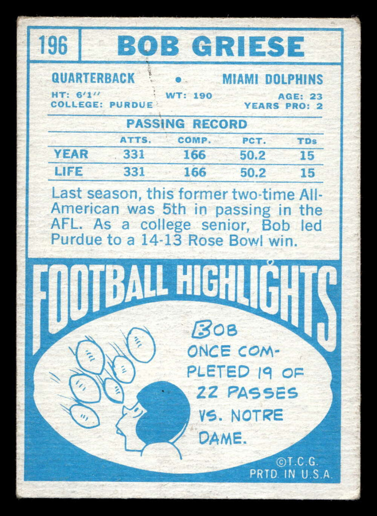 1968 Topps #196 Bob Griese Excellent RC Rookie  ID: 428917