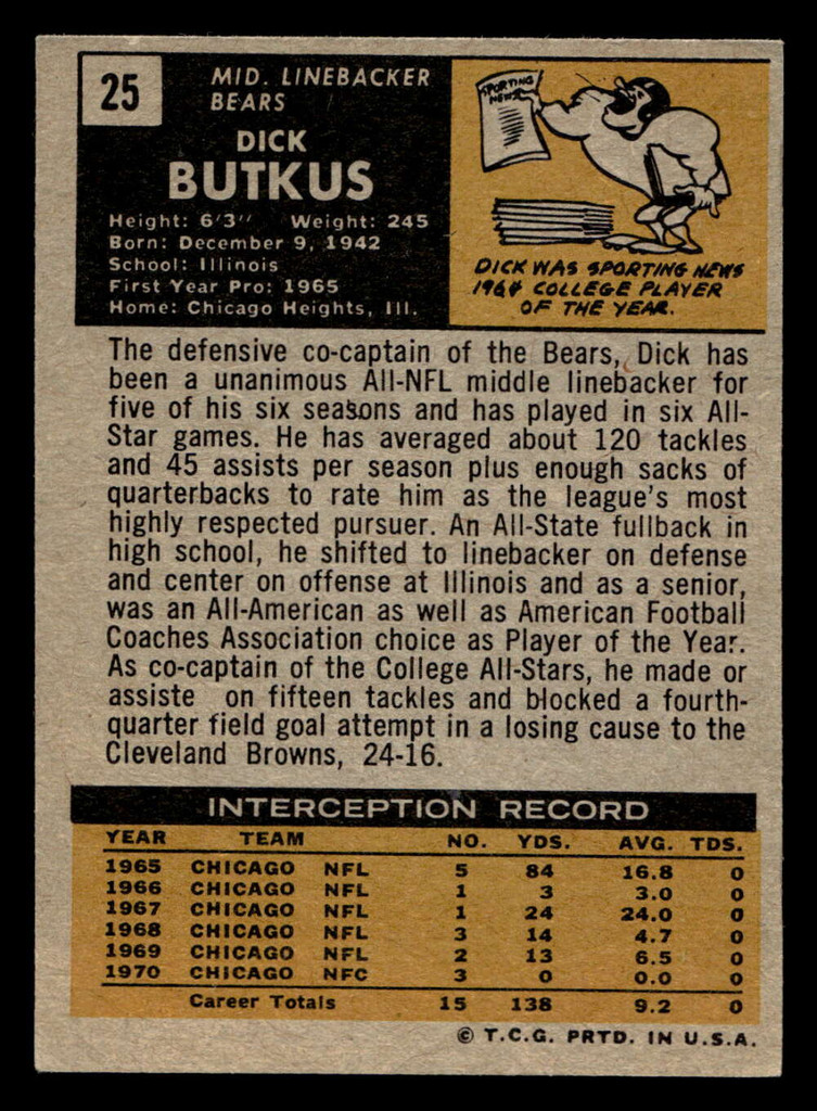 1971 Topps #25 Dick Butkus Excellent+  ID: 428971