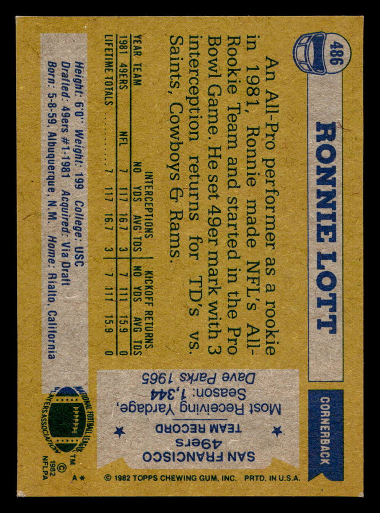 1982 Topps #486 Ronnie Lott Ex-Mint RC Rookie  ID: 429125