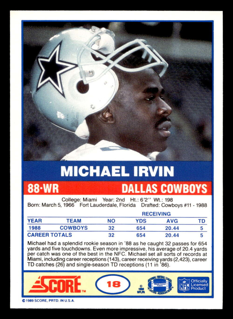1989 Score #18 Michael Irvin NM-Mint RC Rookie  ID: 429138
