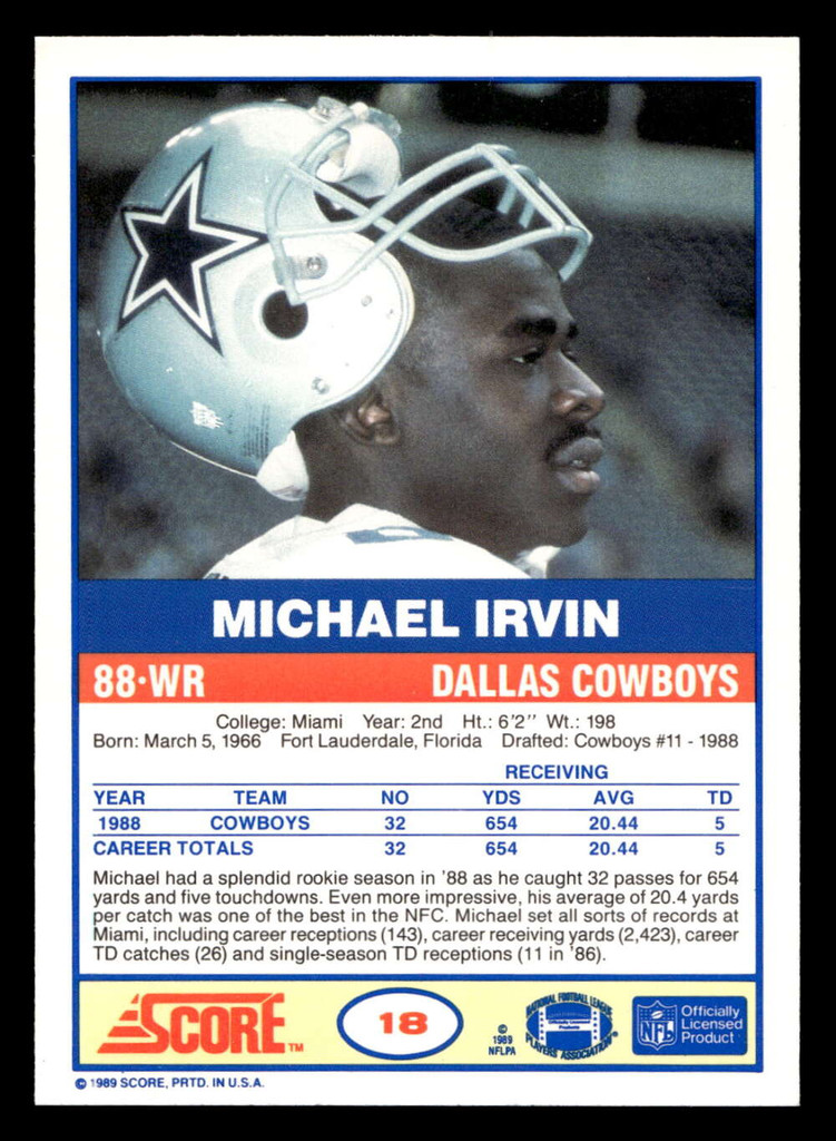 1989 Score #18 Michael Irvin NM-Mint RC Rookie  ID: 429139