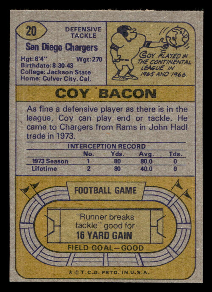 1974 Topps #20 Coy Bacon Near Mint  ID: 429831