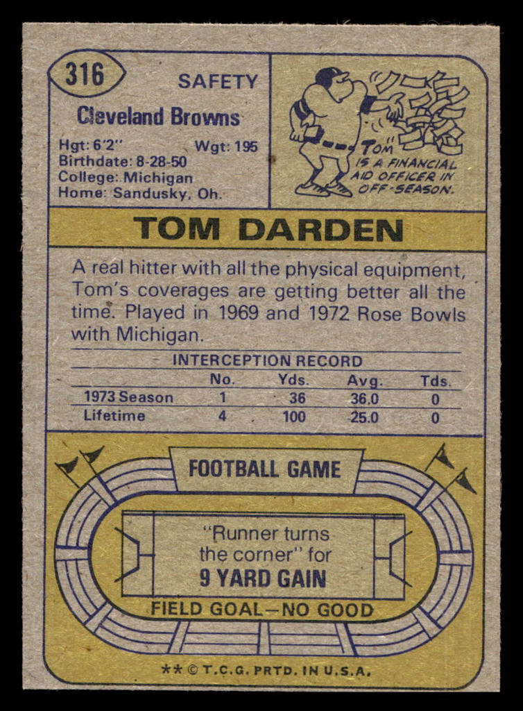 1974 Topps #316 Thom Darden Near Mint+  ID: 430094