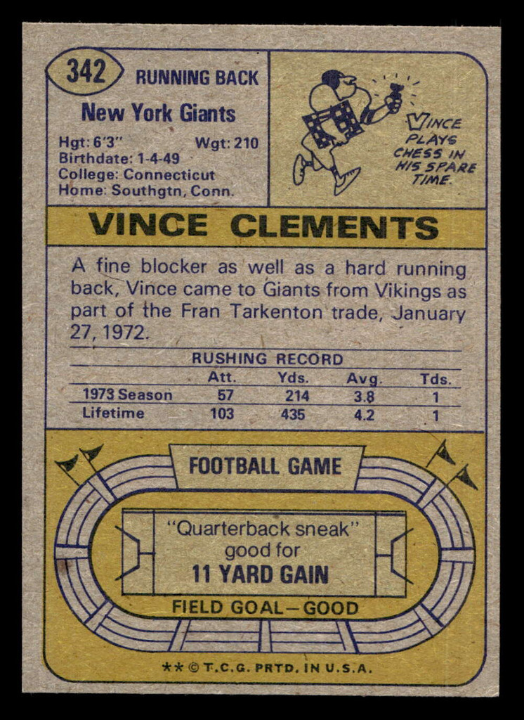 1974 Topps #342 Vince Clements Ex-Mint RC Rookie 