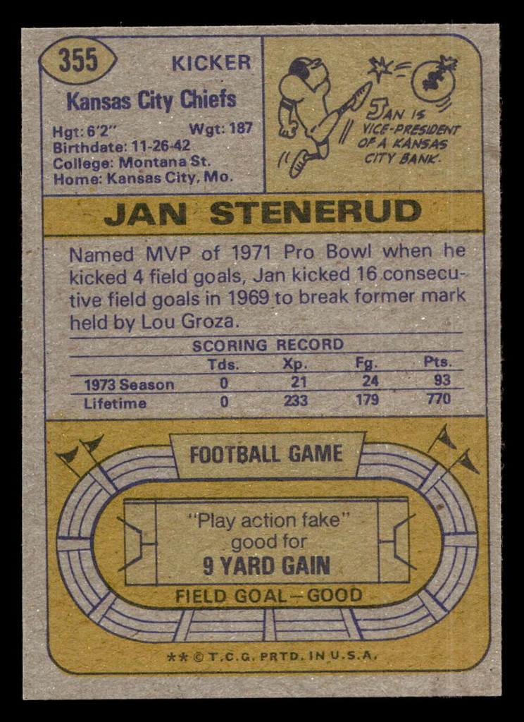 1974 Topps #355 Jan Stenerud Near Mint+ 