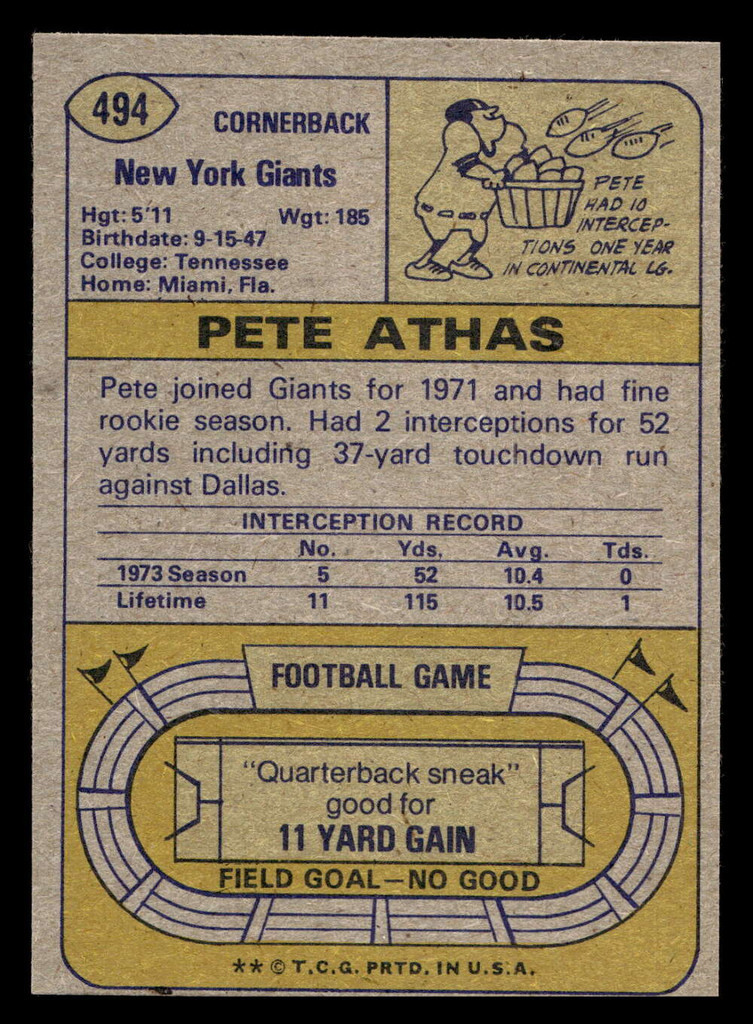 1974 Topps #494 Pete Athas Near Mint+  ID: 430257