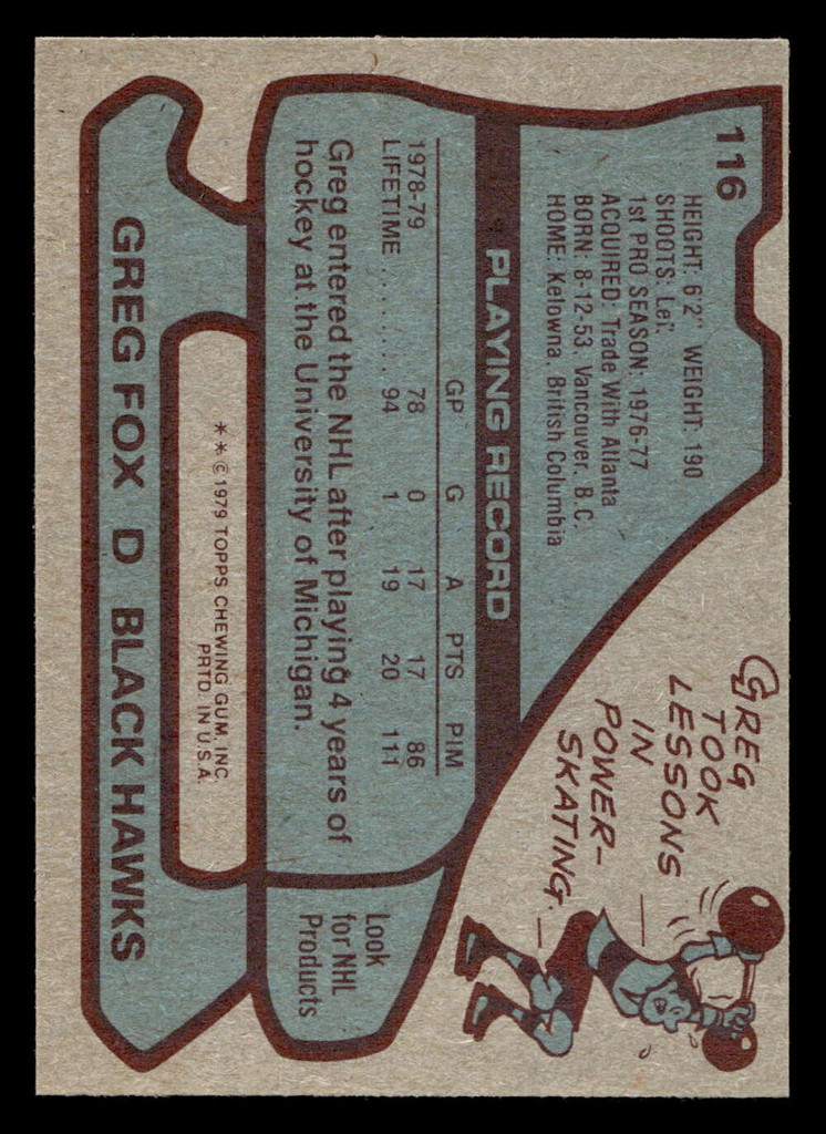1979-80 Topps #116 Greg Fox Near Mint RC Rookie 