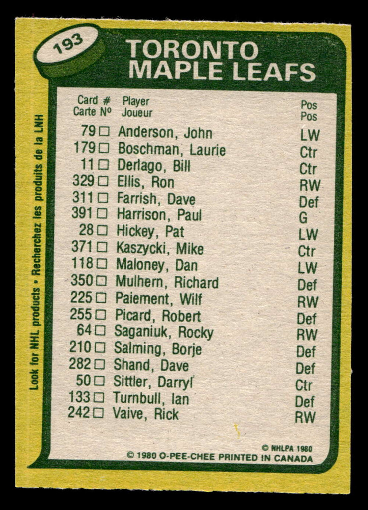 1980-81 O-Pee-Chee #193 Darryl Sittler TL Near Mint OPC 