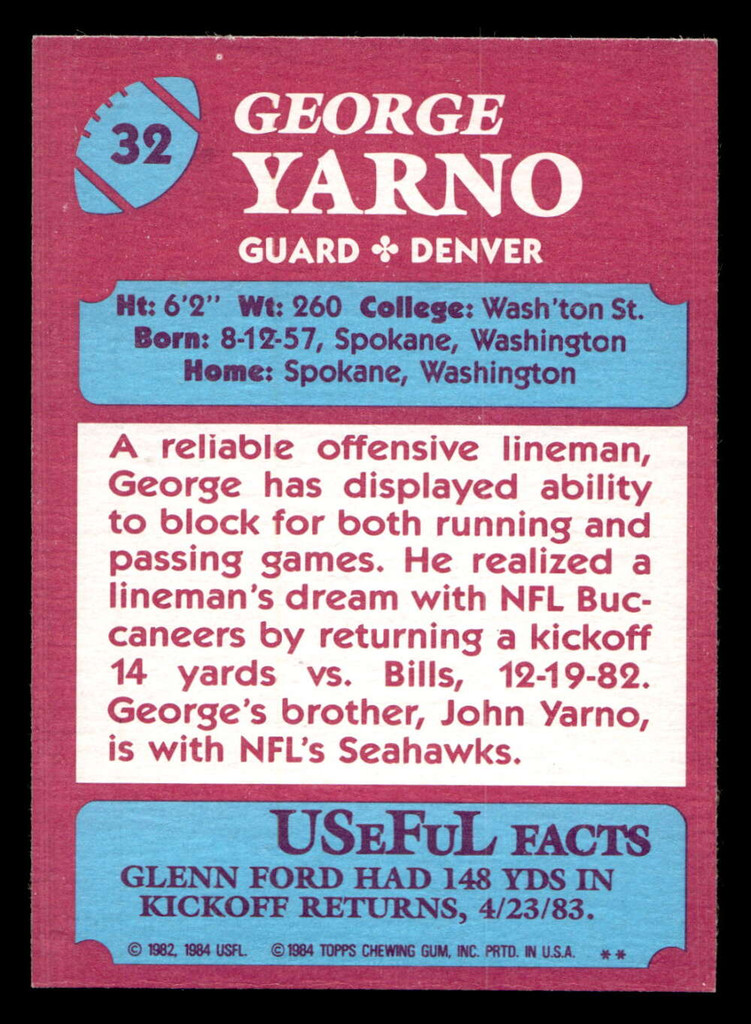 1984 Topps USFL #32 George Yarno NM-Mint  ID: 430970
