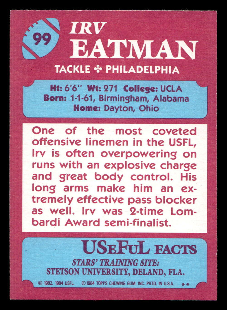 1984 Topps USFL #99 Irv Eatman NM-Mint RC Rookie  ID: 431034