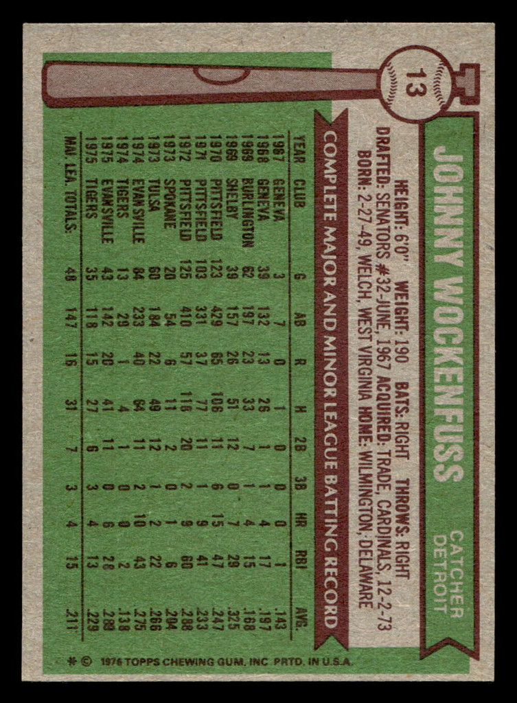 1976 Topps #13 John Wockenfuss Near Mint RC Rookie  ID: 431080