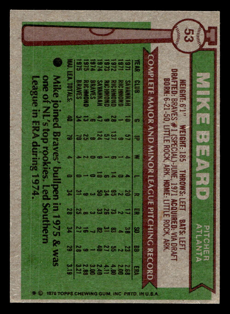 1976 Topps #53 Mike Beard Near Mint RC Rookie  ID: 431120