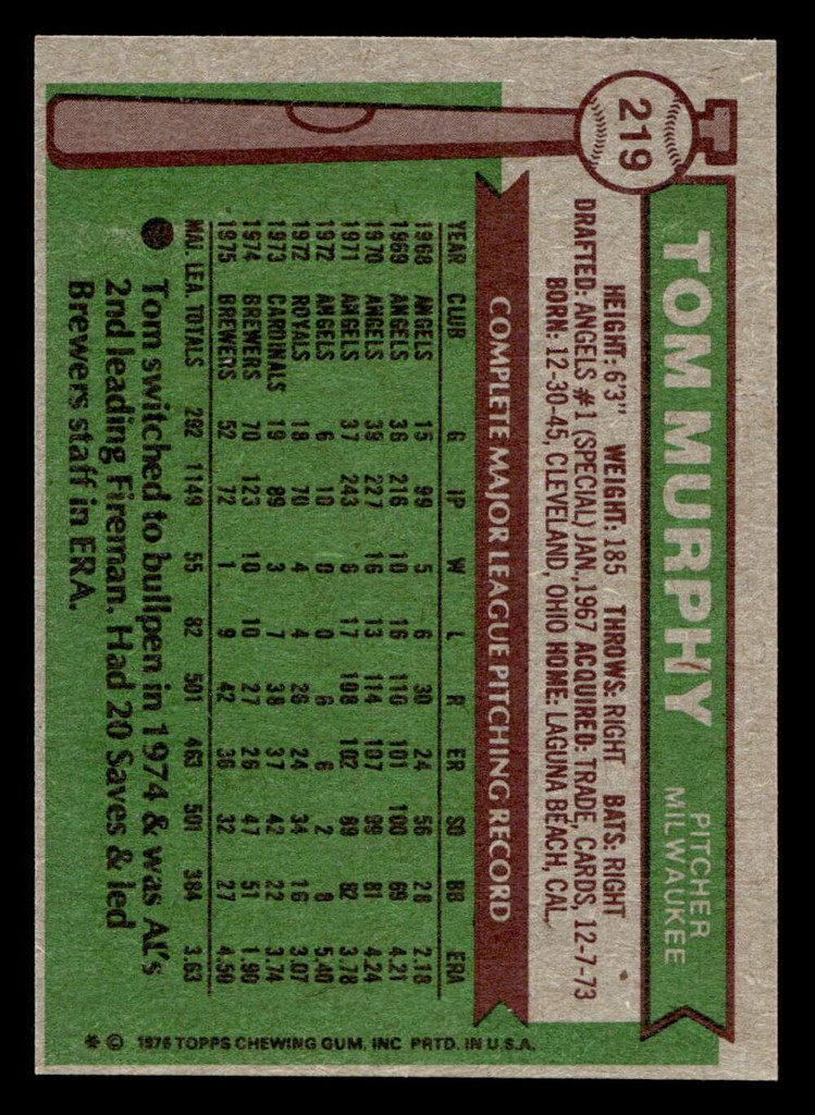 1976 Topps #219 Tom Murphy Near Mint+  ID: 431286