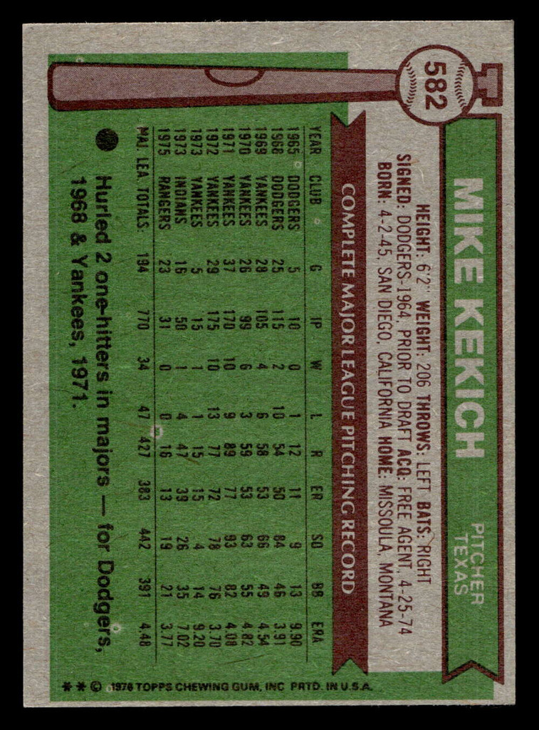 1976 Topps #582 Mike Kekich Near Mint  ID: 431649