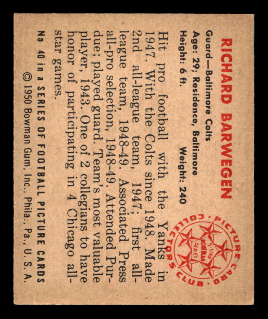 1950 Bowman #40 Dick Barwegan Ex-Mint RC Rookie  ID: 436041