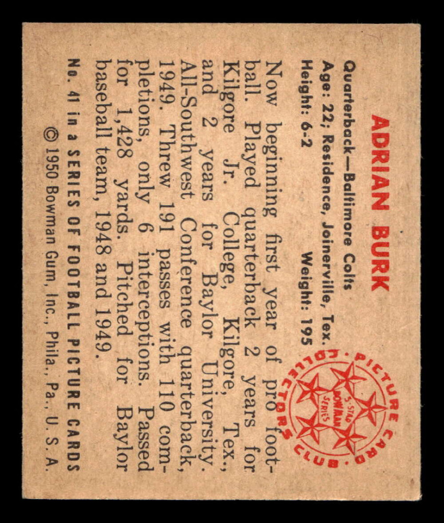 1950 Bowman #41 Adrian Burk Ex-Mint RC Rookie  ID: 436044