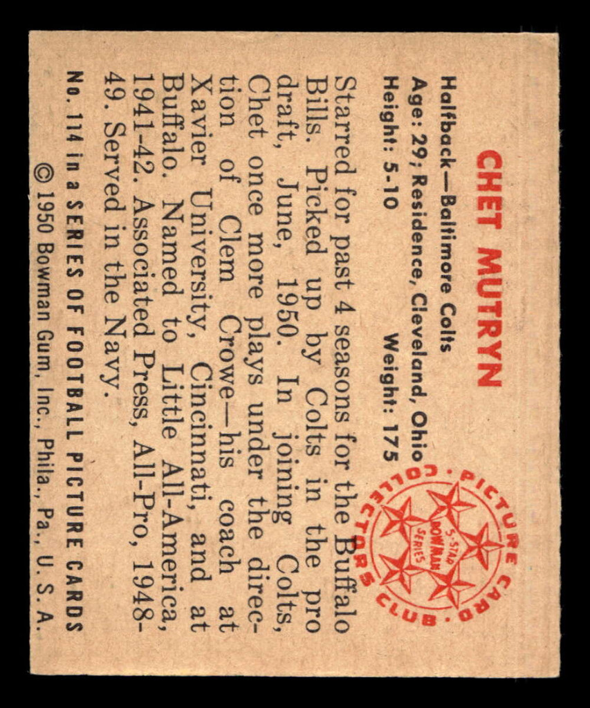 1950 Bowman #114 Chet Mutryn Ex-Mint RC Rookie  ID: 436152