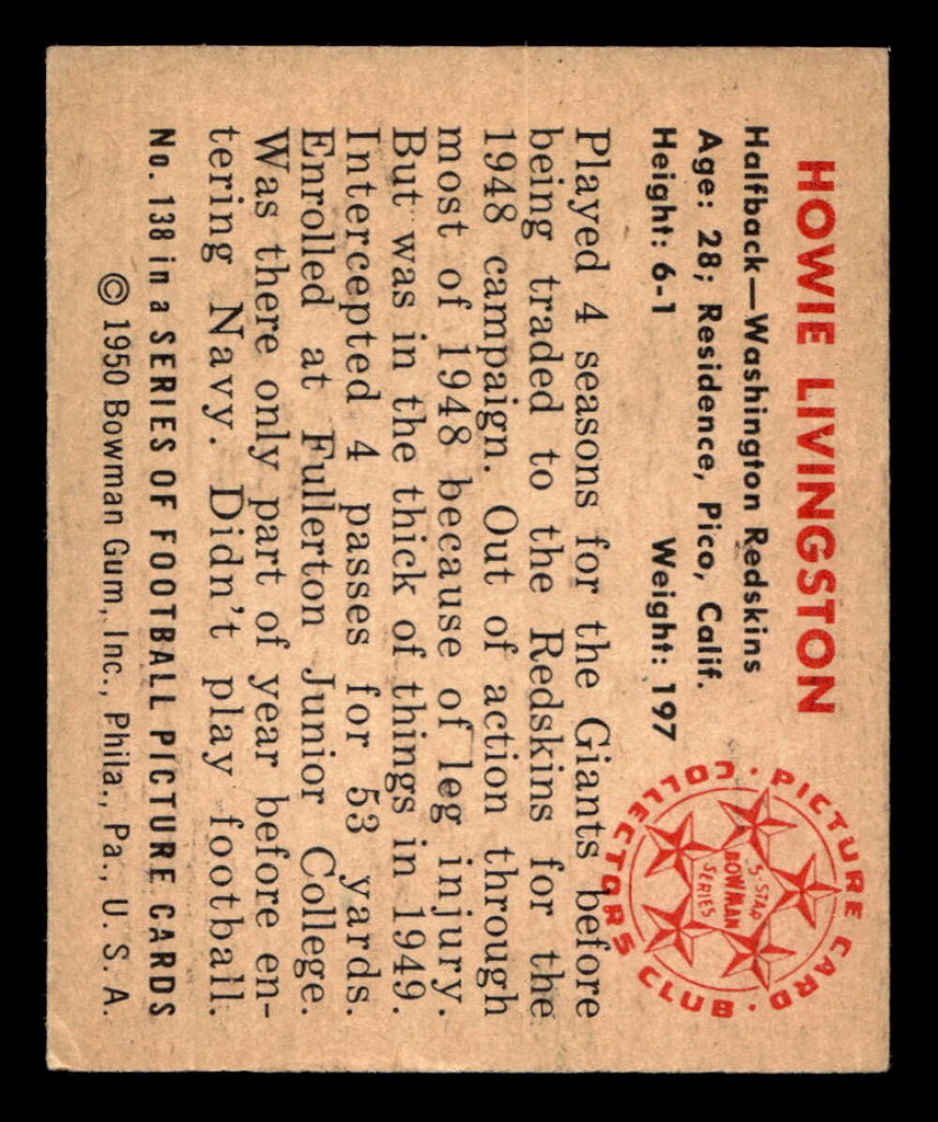 1950 Bowman #138 Howie Livingston Excellent+ 