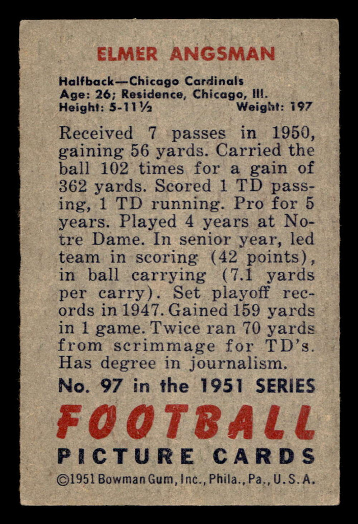 1951 Bowman #97 Elmer Angsman Excellent 