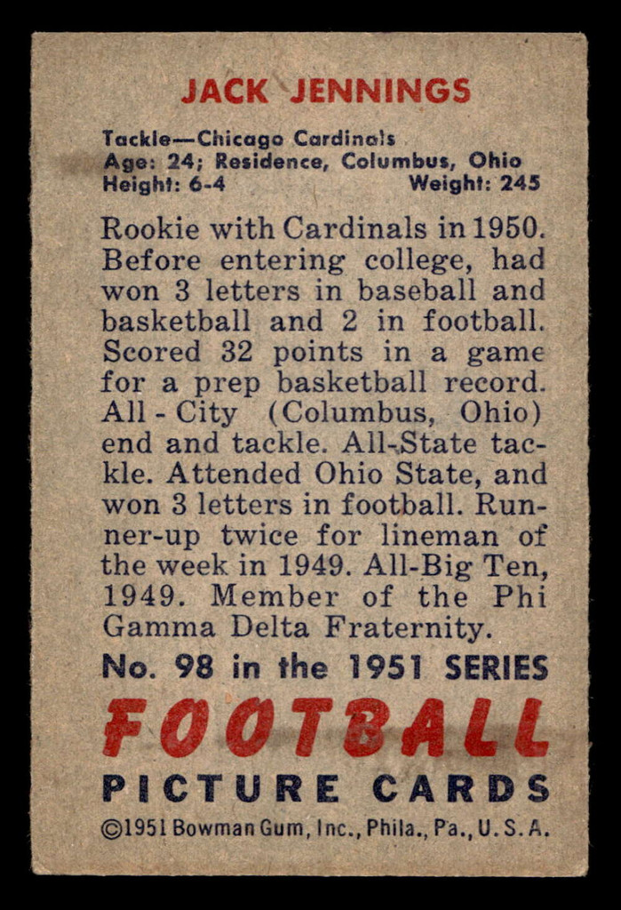 1951 Bowman #98 Jack Jennings VG-EX 