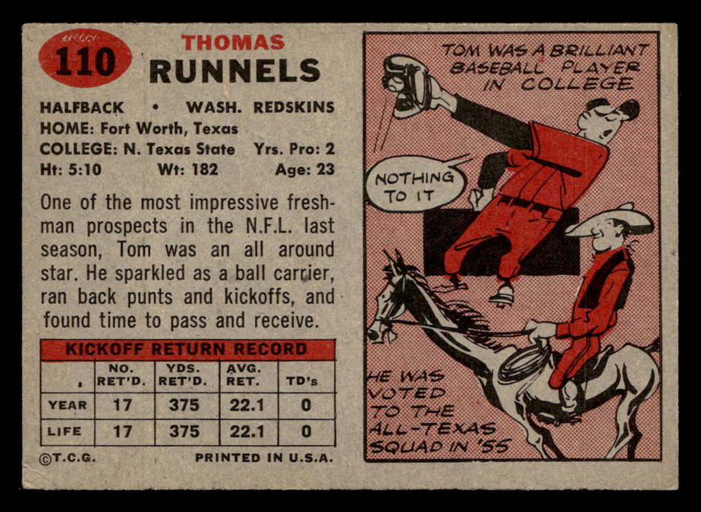 1957 Topps #110 Tom Runnels DP Very Good RC Rookie  ID: 436456