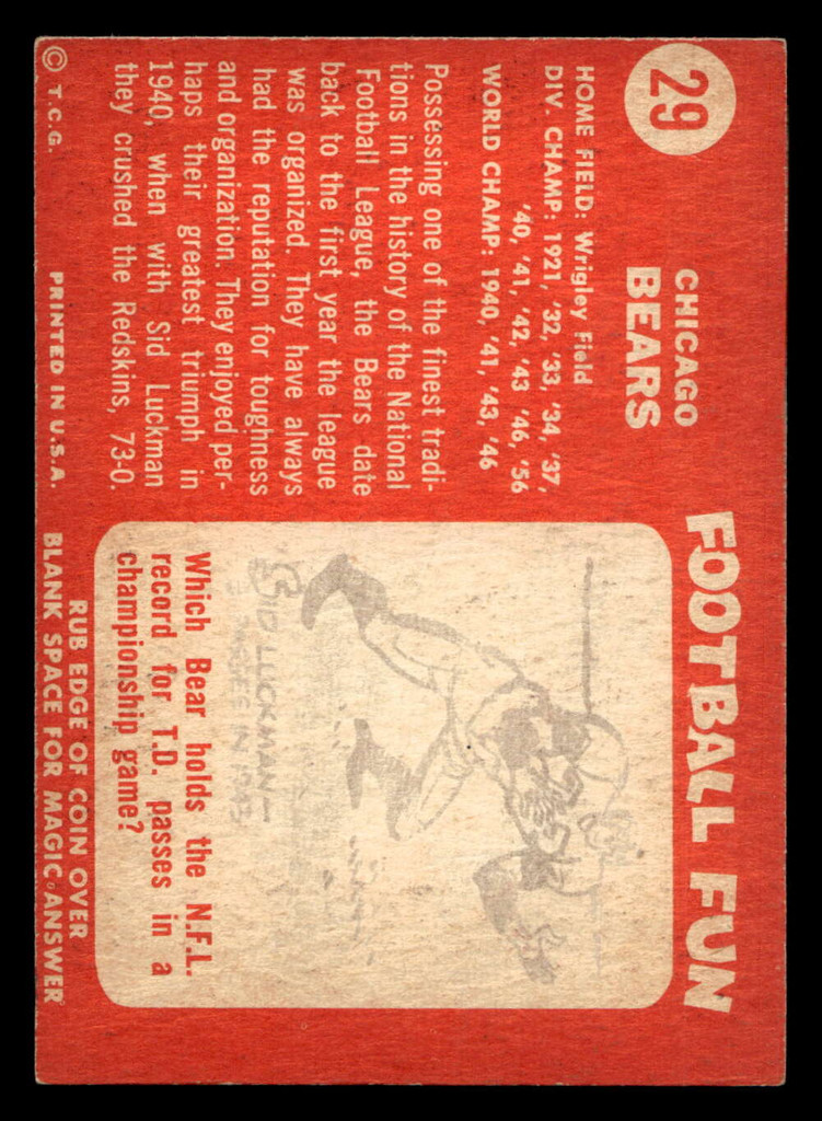 1958 Topps #29 Bears Team Excellent+  ID: 436478