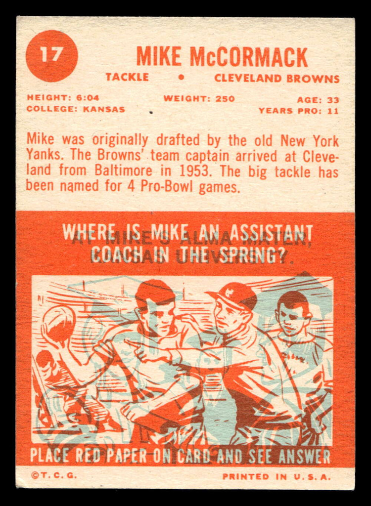 1963 Topps #17 Mike McCormack Very Good SP 