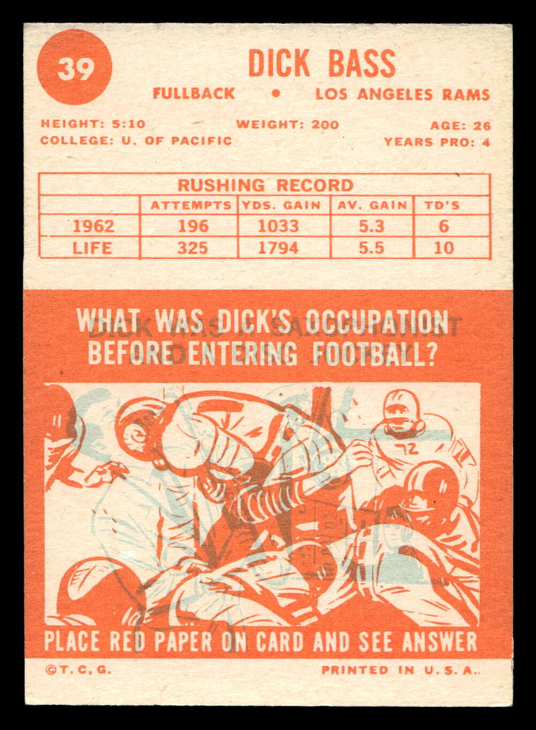 1963 Topps #39 Dick Bass Ex-Mint  ID: 436532