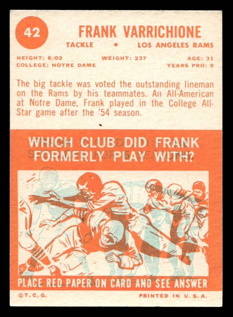 1963 Topps #42 Frank Varrichione Excellent  ID: 436537