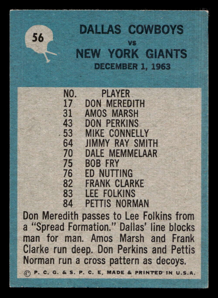 1964 Philadelphia #56 Tom Landry Cowboys Play of the Year Very Good  ID: 436723