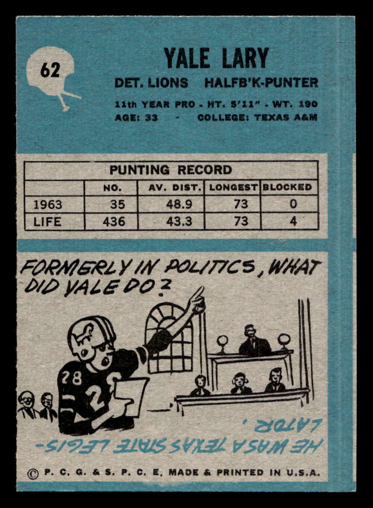 1964 Philadelphia #62 Yale Lary Ex-Mint miscut 