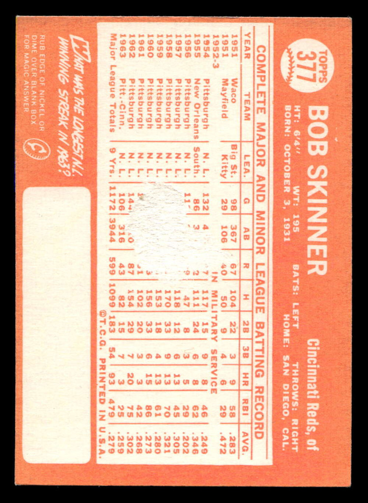 1964 Topps #377 Bob Skinner Poor paper loss 