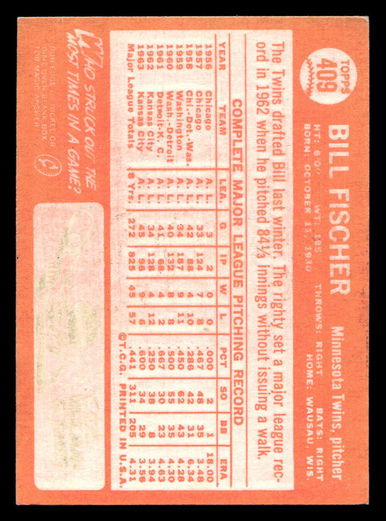 1964 Topps #409 Bill Fischer Excellent+  ID: 437068